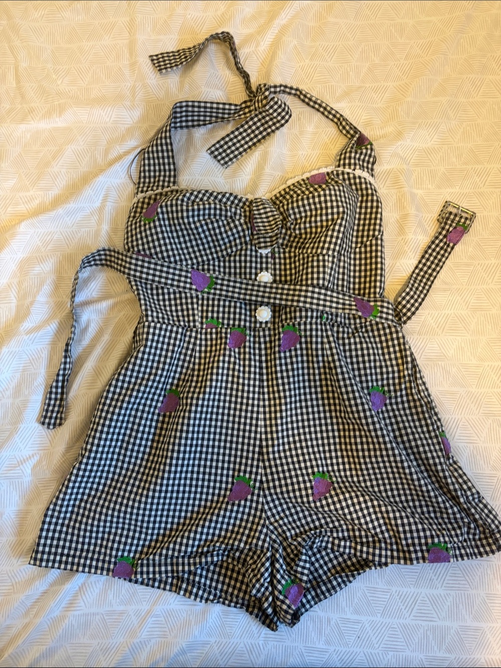 Black & White Gingham Grape Embroidered Halter Romper